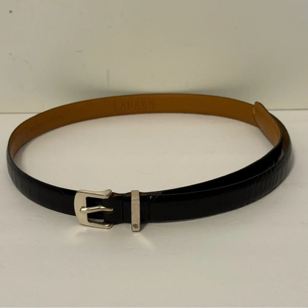 LAUREN RALPH LAUREN LRL BELT BLACK LEATHER CROC LOOK SILVER TONE BUCKLE SKINNY S